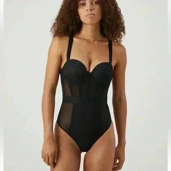 DKNY Sheer Strapless Cupped Bodysuit Black sheer waist Size 36C NWOT $80 - Picture 10 of 13